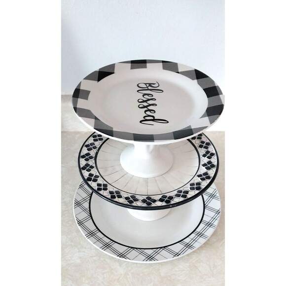 Classic Retro Blessed Back & White Geometric  3 Tier Serving Dish /Trinket Tray - Picture 5 of 11